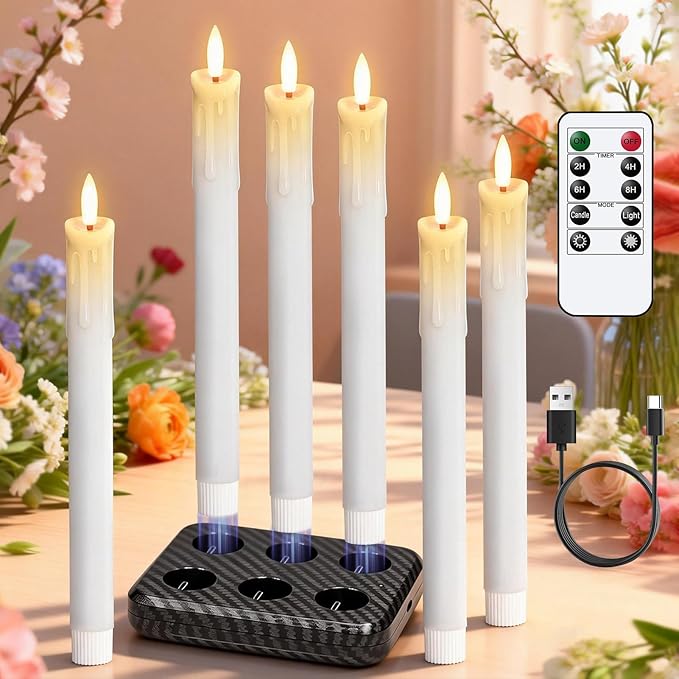 Rechargeable Flameless Taper Candles with Charging Station & Remote Timer, 6 Pcs Real Wax LED Taper Candles, Battery Operated Candlesticks for Home Wedding Christmas Decorations (White)