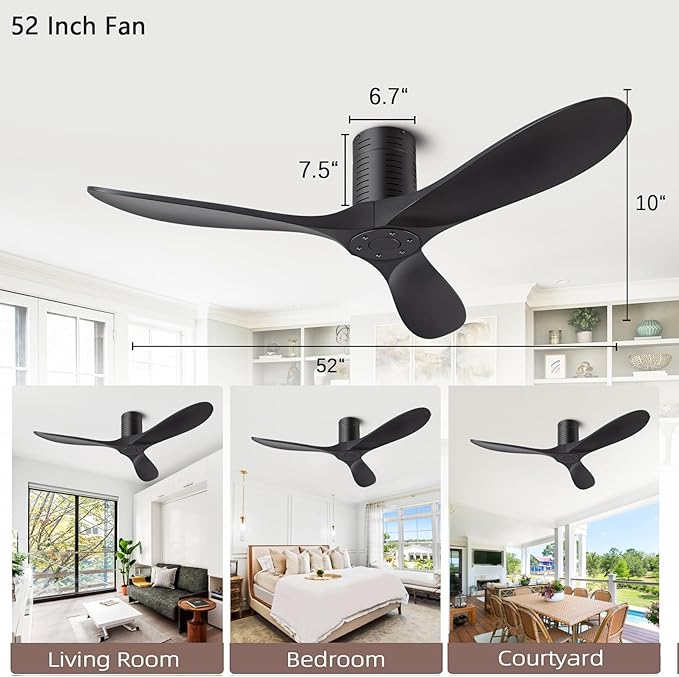 52” Flush Mount Ceiling Fans No Lights and Remote/APP Control, 6 Speed DC Motor, Low Profile Ceiling Fan Without Light for Bedroom, Hallway,Indoor/Outdoor(Matte Black)