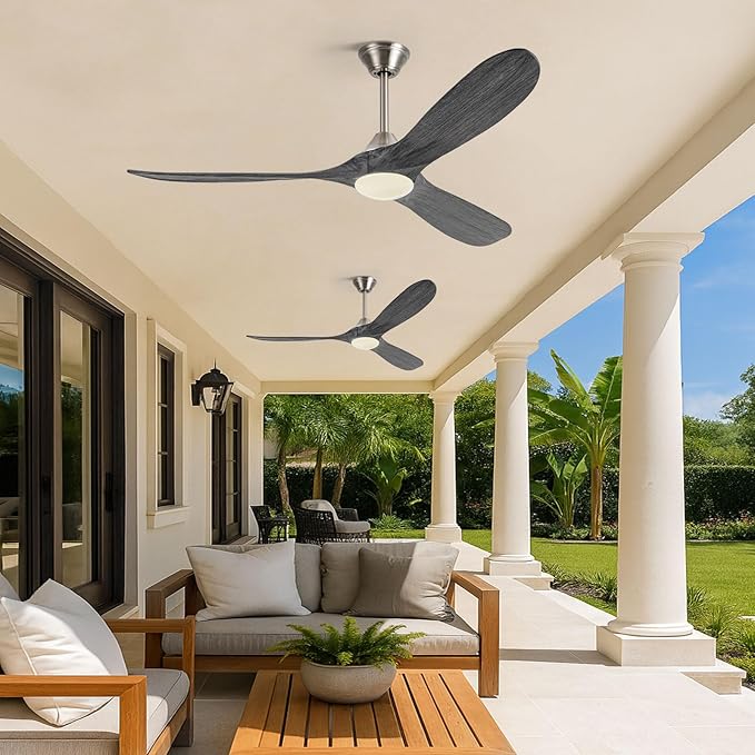 60 Inch Indoor Outdoor Ceiling Fans with Light - Modern Wood Propeller Ceiling Fan with Light 6 Speed Quiet Reversible DC Motor, High Velocity Damp-rated Exterior Ceiling Fan for Patios Bedroom Office