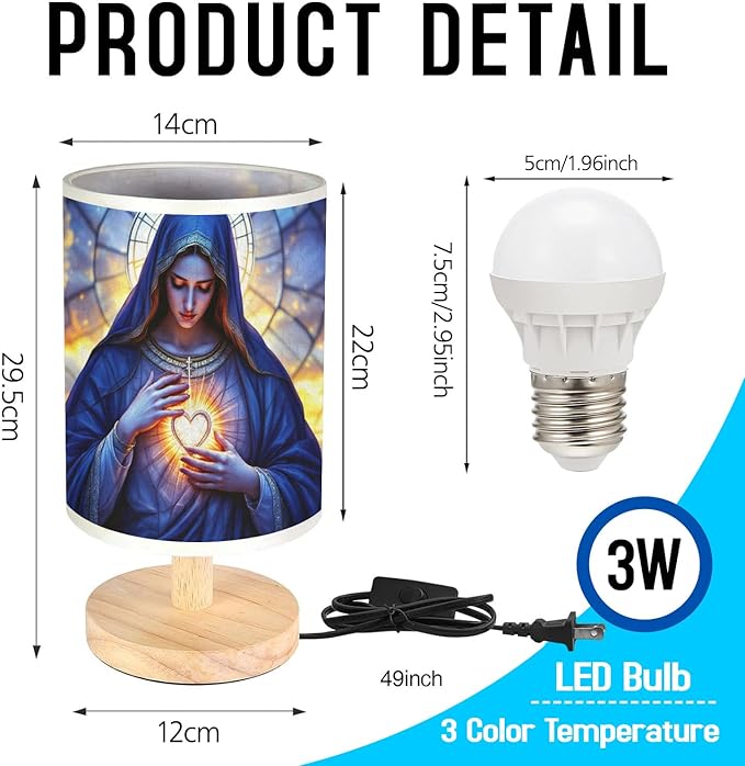 Our Lady of Sorrows Table Lamp LED 3-Color Pressed Bedside, Our Lady of Sorrows Shade Lamp with Wood Base for Bedroom Living Room Desk Office TL01