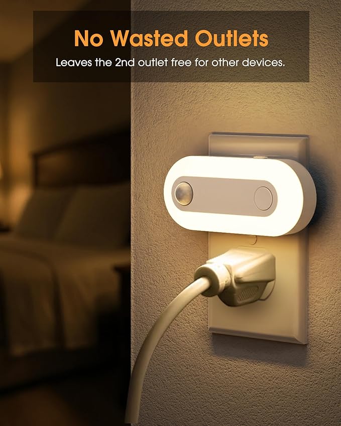 Plug-in LED Night Light with Motion Sensor & Dusk to Dawn Sensor, Dimmable Warm White Nightlight 30-100LM Adjustable Sleep Night Lights Plug Into Wall for Bedroom, Bathroom, Stairs, Hallway, 2 Pack