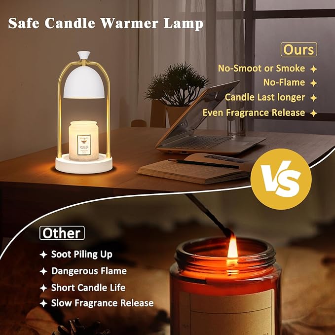 Hong-in White and Gold Candle Warmer Lamp with Timer-Electric Candle Warmer Lamp for Bedroom Decor, Dimmable Candle Light Warmer,Home Decor, Wax Warmer Lamp for Jar Candles with 2 Bulbs