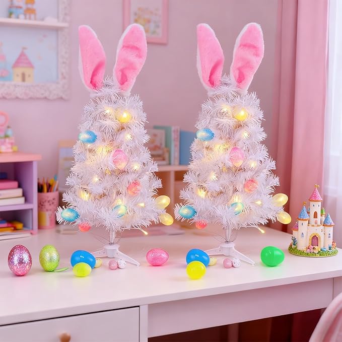 Dynaming 2 Pack Easter Table Decorations, 23 Inch Lighted Easter Bunny White Tree, Pre-lit Artificial Tabletop Tree with Ears & Eggs, Battery Operated Light Up for Indoor Spring Home Bedroom Decor