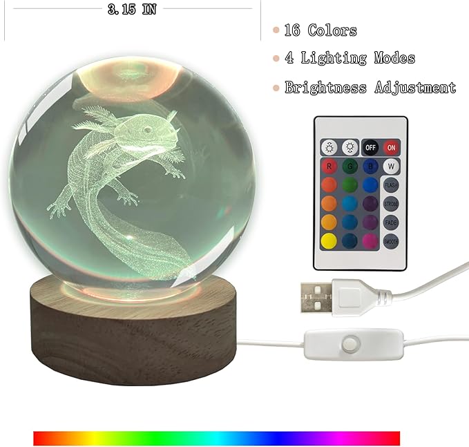 3D Axolotl Crystal Ball 3.15" with LED Lamp Colorful Wooden Base Night Light with Removable Glow Ball Color Changing Light with Remote as a crystal ball for Boy Friends (5-Axolotl, 3.15" (Inch))