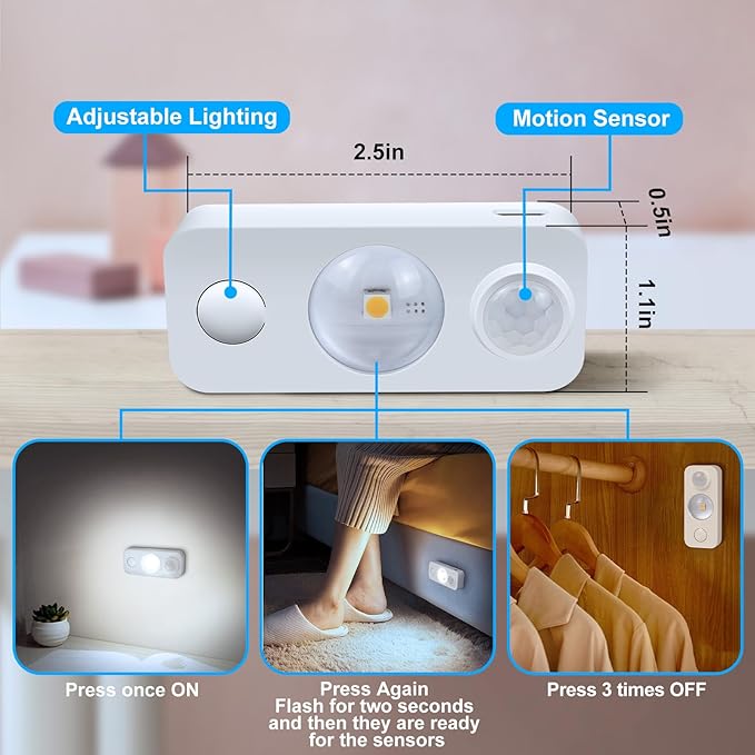 LED Motion Sensor Puck Lights, Rechargeable Cabinet Lights, Stick on Wireless LED Night Light for Closet, Drawer, Shelf, Under Cabinet, Daylight White 4Pack, USB Charging Cord Included