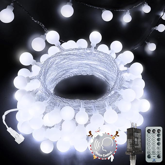 2026 New Connectable 43FT Smart Voice Controlled String Lights Indoor Outdoor | 100LED White Globe Fairy Lights with Remote & Timer | 12 Modes Waterproof Twinkle Light for Classroom Room Decorations