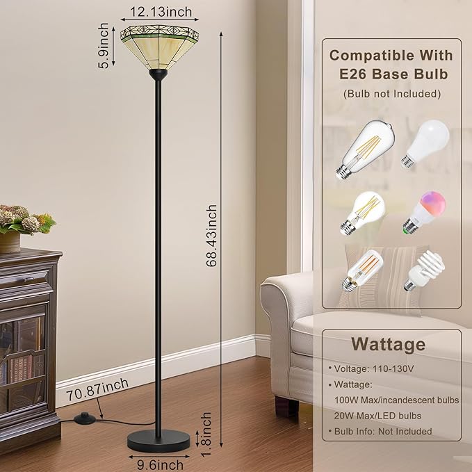 Floor Lamp with Stained Glass Shade, Vintage Style Torchiere Standing Lamp, Tall Pole Lamp with Foot Switch, Mid Century Modern Decorative Corner Light for Living Room Bedroom Home Office(E26 Base)