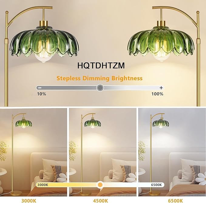 Glass Floor Lamp for Living Room,Bedroom,Mid Century Modern Standing Lamp with Remote,Dimmable Gold Tall Lamp Green Vintage Retro Arc Flower Floor Light Boho Bohemian