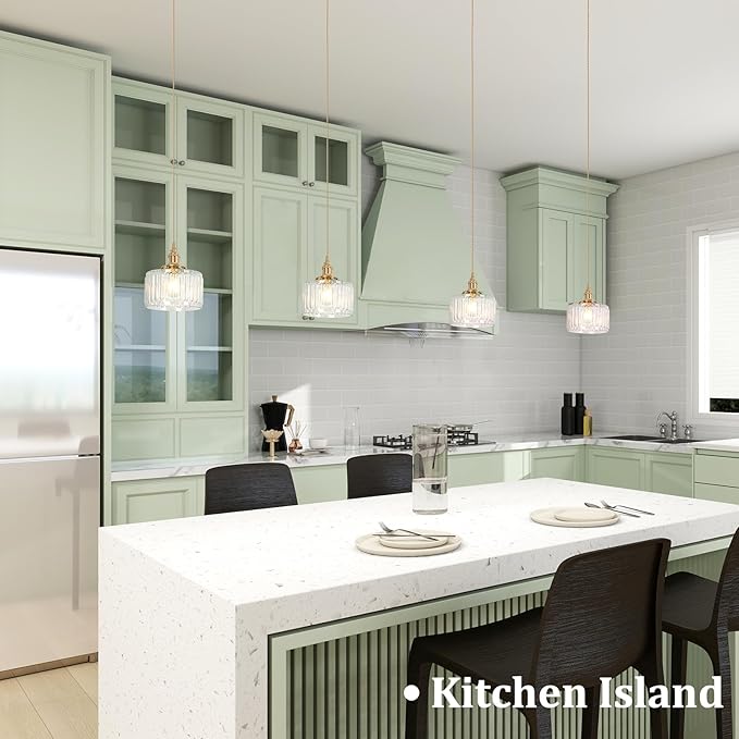 Pendant Light 2 Pack with Clear Striped Glass Lmapshade, Brass Vintage Pendant Light Adjustable Hanging Light for Kitchen Island Dining Room Hallway