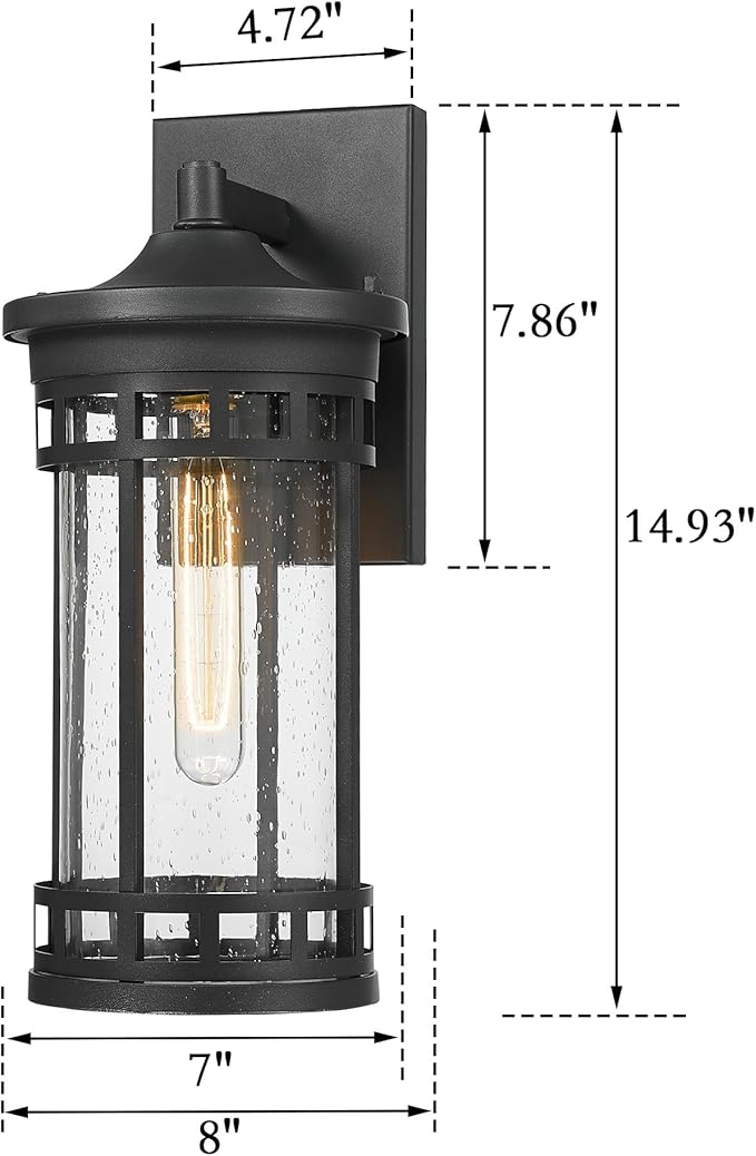 Outdoor Wall Sconce, Farmhouse Outdoor Wall Lantern with Seeded Glass ,Waterproof Exterior Lighting Fixture, Anti-Rust lamp Light for Patio Yard House Hallway Doorway Garage (Black,14.93 Inch Height)