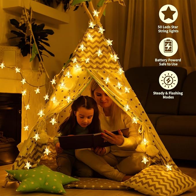 Star String Lights Battery Operated, 17 ft 50 LEDs, Twinkling Classroom Decor Fairy Lights, String Lights Battery Powered for Kids Bedroom Wedding Mantel Patio Dorm Decor, Warm White