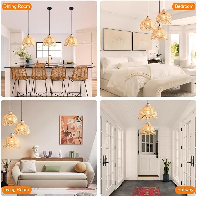 3-Pack Mini Bamboo Pendant Light,10.23IN Petal Rattan Chandelier Hand Woven Wicker Hanging Light for Kitchen Bedroom Dining Room Living Room Stairs Hallway Apartment