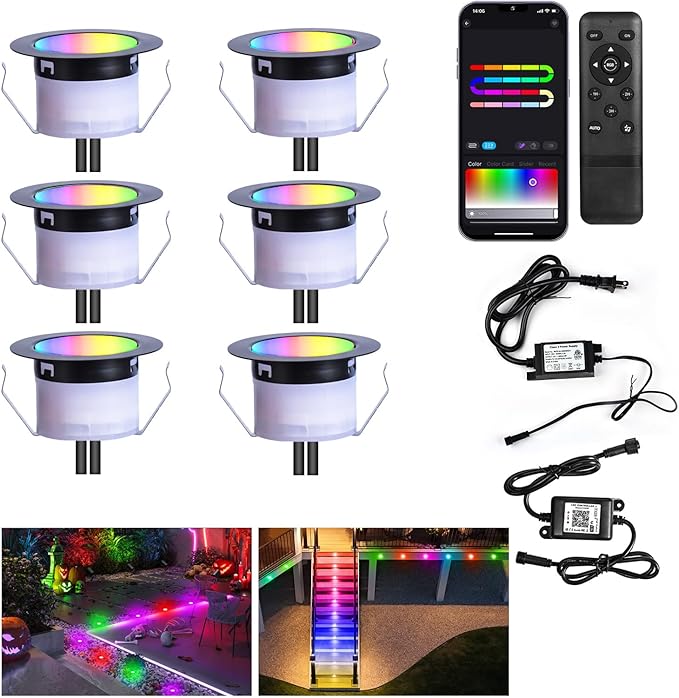 LED Deck Lights Kit, 6 Pack 1.77" RGBW+IC Multicolor Dynamic Low Voltage Recessed Landscape Lights, IP67 Waterproof 12V Step Light Outdoor for Garden Yard Path Ground Stairs, Work with Alexa/Google