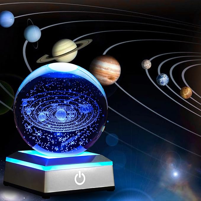 3D Solar System Crystal Ball Night Light with LED Colorful Lighting Touch Base 3.15 in Galaxy Planets Glass Ball Lamp Paperweight Astronomy Gift Decor for Boys Girls Kids Birthday Christmas