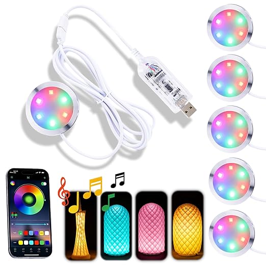 5Pack LED Lamp Kit 001 App Control for Bambu Lab 3D Printing, USB RGB LED Round Light with APP Cluster Control, DIY Lamp Making Kit for Craft Projects, Music Sync, 16M Colors, Memory Function (5)