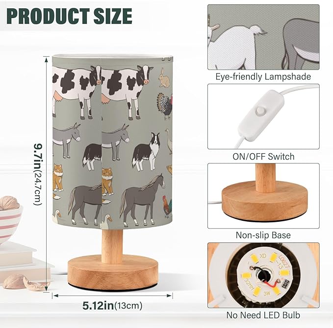Bedside Table Lamp Farm Animals Nightstand Lamp with Wood Cows Sheep Pig Fox Chicken Duck Dog Rabbit Desk Lamps for Bedroom Living Room Nursery Office Home Decor