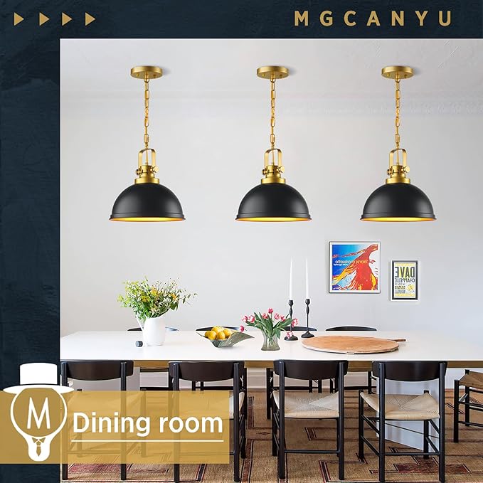 Farmhouse Black and Gold Pendant Lights Kitchen Island, Matte Black Dome Pendant Lighting Gold Vintage Metal Hanging Ceiling Light Fixture for Living Dining Room Restaurant Entrance Sink