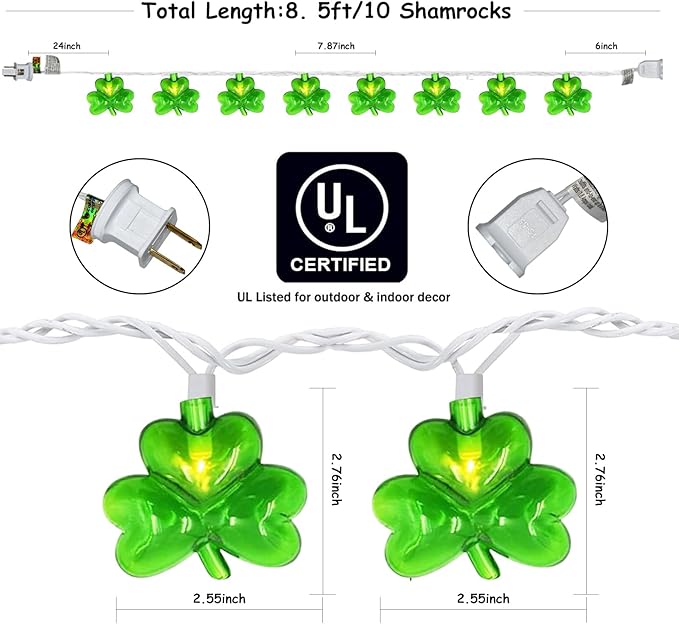 8.5Ft St Patricks Day Lights, 10 LED Clear Green 3D Shamrock Lights Plug in, Connectable St Patrick's Day String Lights Shamrock, St Patricks Day Outdoor Lights for Home Party Decor