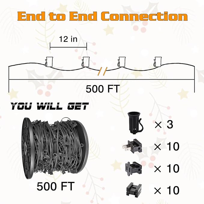 500FT C7 Light String Christmas Stringer, E12 Christmas Sockets 12" Spacing, C7 Stringer Set Green Outdoor String Light for Wedding Patio Event Lighting Decor, Black Wire