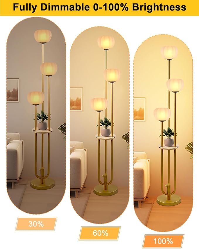 Gold Floor Lamp with Table, Modern Dimmable Floor Lamps with Pumpkin Lampshade, 3000K Soft Warm White Bulbs Included, 3-Light Tall Standing Lamp for Living Room/Bedroom
