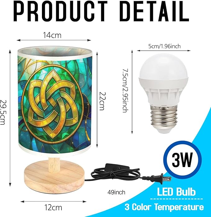 Celtic Knot Table Lamp LED 3-Color Pressed Bedside, Celtic Knot Shade Lamp with Wood Base for Bedroom Living Room Desk Office TL01