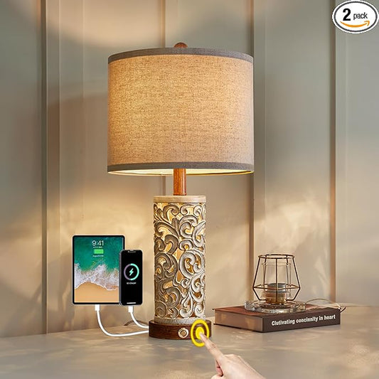 OYEARS 3-Way Dimmable 22'' USB A+C Touch Control Table Lamp with Nightlight for Living Room Bedroom Farmhouse Bedside Nightstand Lamps (Brown Bulb Included