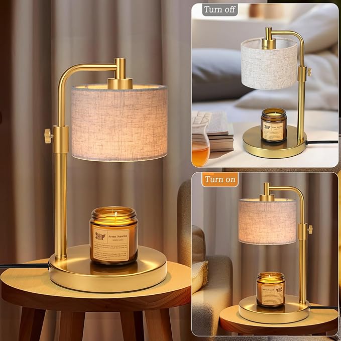 Candle Warmer Lamp, Candle Lamp Warmer with Timer Adjustable Height Wax Warmer Lamp for Jar Candles, Birthday Gifts for Women House Warming Gifts (Gold Linen)
