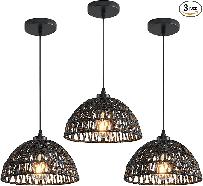 3 Pack Woven Pendant Light Fixtures,10.2" Black Rattan Pendant Lights Farmhouse Basket Light Fixture Adjustable Boho Hanging Lamp for Kitchen Island Bedroom Dining Room Foyer Hallway