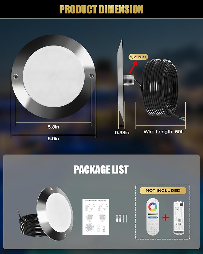 Goldlife P9-2 6Inch RGB Pool Light for Inground Pools 12V 60W 6000LM, 50ft Cord LED Underwater Pool Lights, IP68 Waterproof Swimming Pools Light, PC Pool Light Fixture (NOT Included Controllers)