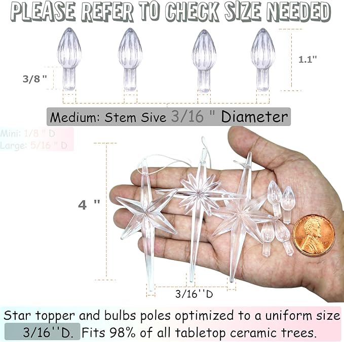 Ceramic Christmas Tree Replacement Lights Bulbs, Clear White Medium Twist Plastics Pegs Ornaments for Ceramic Tree(87 Bulbs＆ 3 Topper Star)