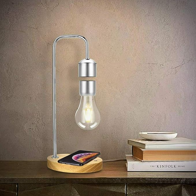 Unique Modern Levitating Lamp with Floating Light and Built-in Qi Wireless Charger, Simplistic and Innovative Design, Warm Decorative Night Light (Silver Bulb)