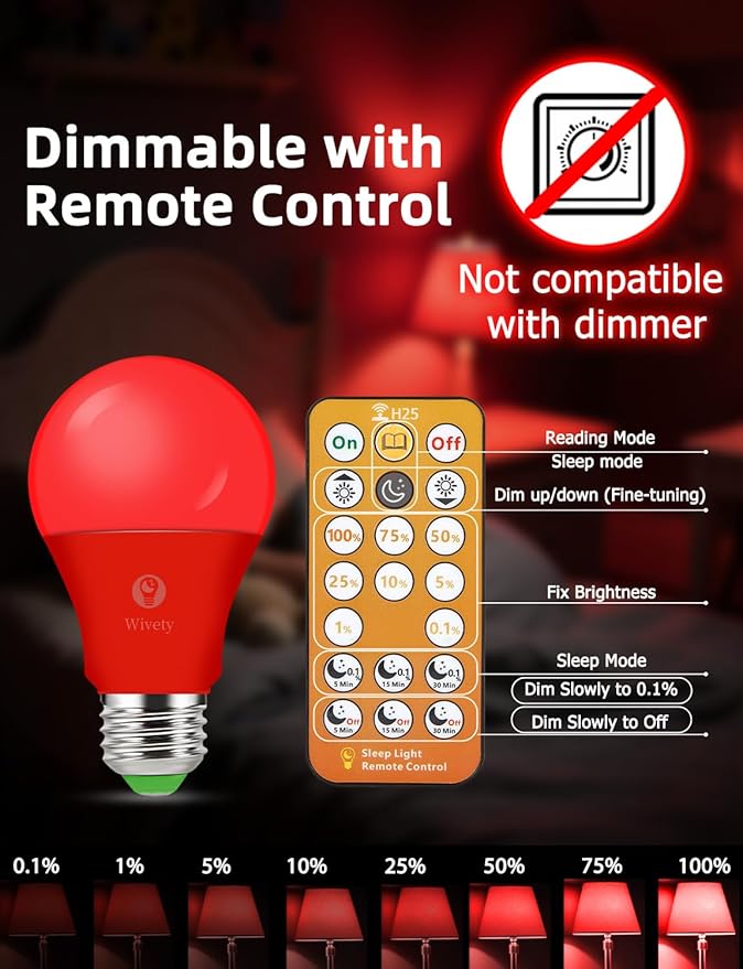 Red Light Bulbs for Sleep with Remote Control, E26 LED Blue Light Blocking A19, 9W for Sleep Therapy, Baby Nursery, Bedroom (4 Packs)