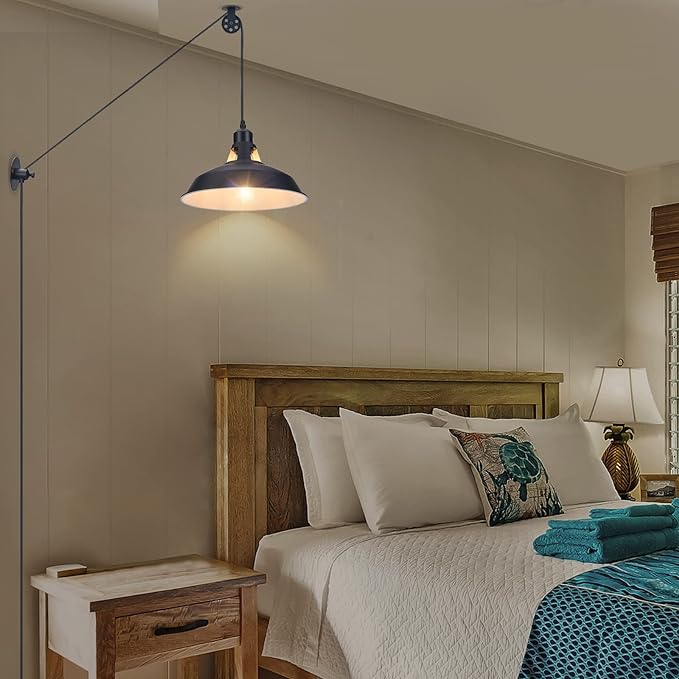 Plug in Pendant Light, Hanging Lamp with Black Barn Pendant Lighting with 14.76ft Cord On/Off Switch, Adjustable Pulley Hanging Pendant Lighting for Kitchen Bedroom Restaurant 2 Pack