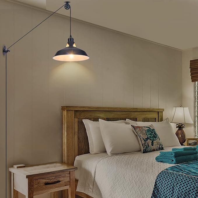 Plug in Pulley Pendant Light with 14.76ft Cord On/Off Switch, Industrial Barn Black Hanging Lights with Plug in Cord, Pulley Wall Pendant Lamp for Kitchen Island, Pool Table, Bedroom, 1 Pack