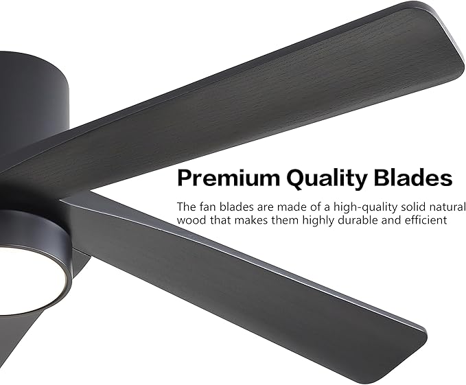 WINGBO 54 Inch Flush Mount DC Ceiling Fan with Lights and Remote, 5 Reversible Carved Wood Blades, 6-Speed Noiseless DC Motor, Hugger Ceiling Fan in Black Finish, Low Profile Ceiling Fans, ETL Listed
