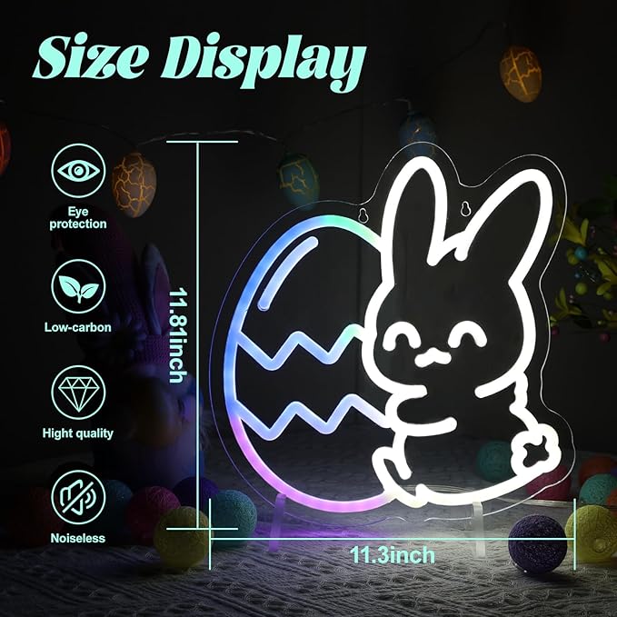 Easter Neon Lights, Bunny and Egg lights, Multicolor Lights with Dynamic Effect Neon Sign, Remote Control Sign USB Powered, Home Decorations Indoor for Party Wall Window Table Easter Decor