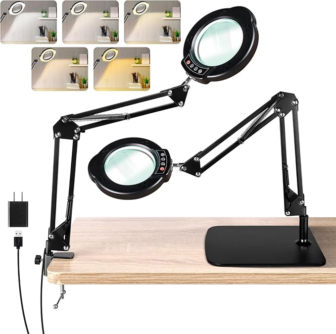 10X Magnifying Glass with Light and Stand, LED Desk Lamp with Base and Clamp, 5 Color Mode, 10 Dimmable Levels, Hands Free for Reading Crafts Jewelry Sewing Close Work