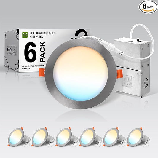 ASD 6 Pack LED Recessed Lighting 6 Inch 15W, 5 CCT 2700K-5000K CRI90+, IC Rated Ultra Thin Dimmable Ceiling Lights with J Box, Canless Wafer Downlight, Round Slim Panel Light, UL Energy Star, Nickel