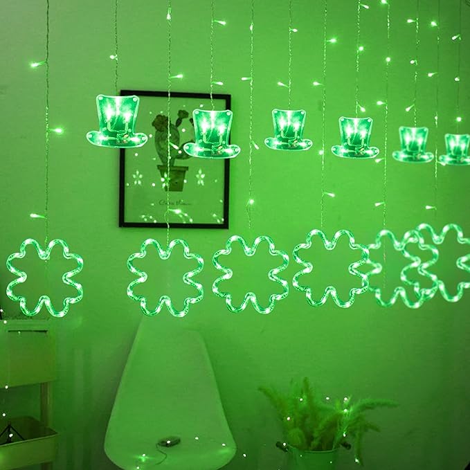 Dazzle Bright St Patrick Day Lights, 174LED 9FT Green Hat and Shamrock Curtain String Lights with 8 Modes, Plug in St Patrick Decorations for Indoor Window Outdoor Party Decor (Green)