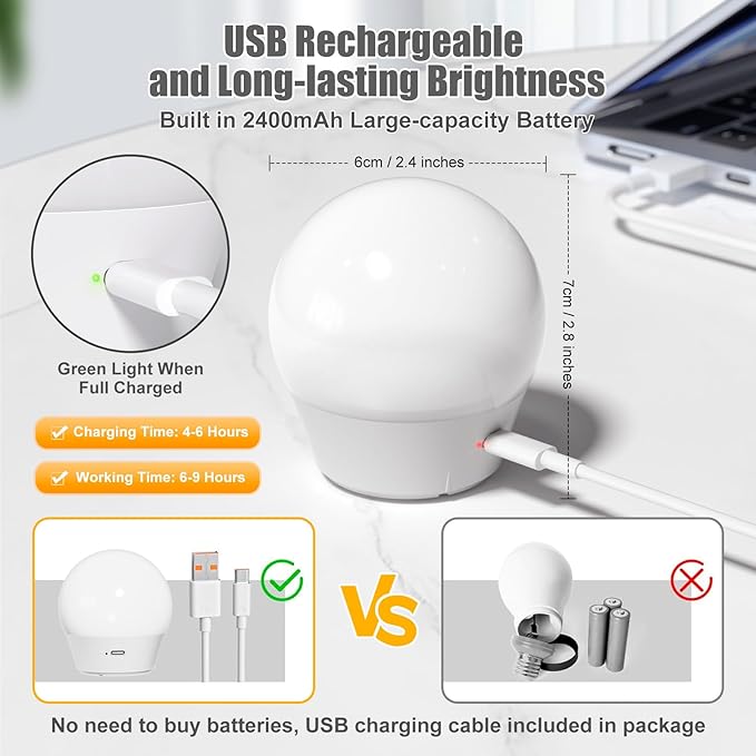 Rechargeable Light Bulb with Remote and Timer for Sconce and Lamp, Battery Backup Night Light, E26 Detachable Charging, Magnetic Base, 3 Lighting Colors, Dimmer, 7W, Lanyard Included, 4 Pack