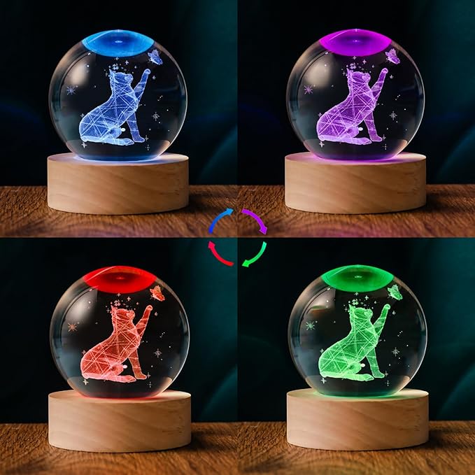 60mm 3D Crystal Ball Cat Lover Gifts for Women Cat Themed Sympathy Figurines Decor Gifts with Wooden Light Base