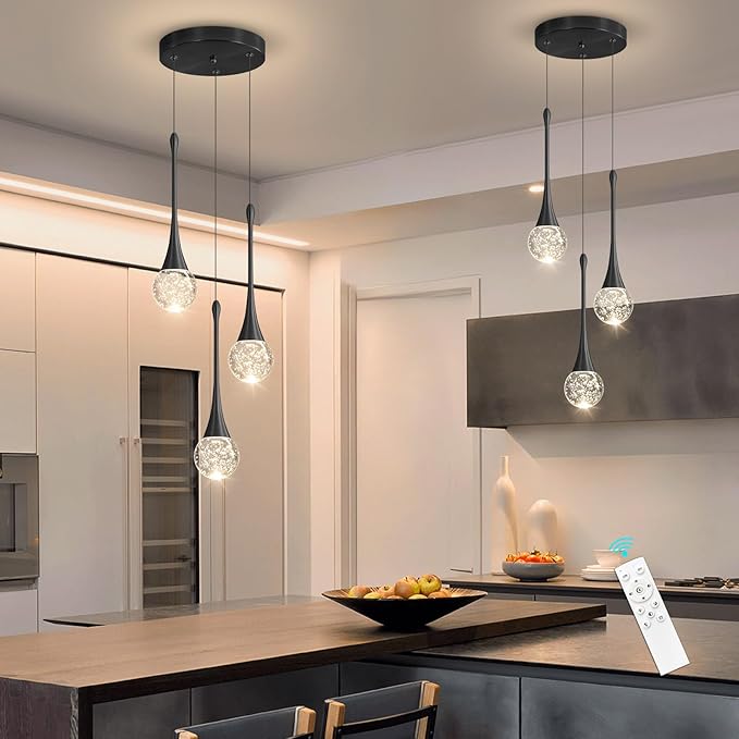 cenzoz 3-Lights Modern Pendant Lights for Kitchen Island LED Dimmable Crystal Glam Ceiling Pendant Lighting Chandelier for Dining Room Hallway Bedroom Corner Lamp Black