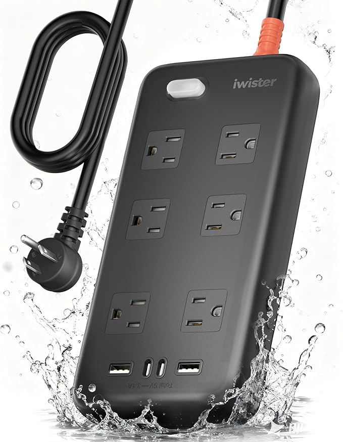 Outdoor Power Strip Weatherproof IPX6,1625W/13A 6 Ft Extension Cord,4 USB Ports & 6 Wide Outlets for Multiple Devices,Wall Mountable for Yard,Workshop,Poolside,RV Camping,Black