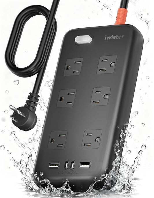 Outdoor Power Strip Weatherproof IPX6,1625W/13A 6 Ft Extension Cord,4 USB Ports & 6 Wide Outlets for Multiple Devices,Wall Mountable for Yard,Workshop,Poolside,RV Camping,Black