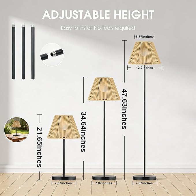 46" Solar Outdoor floor lamps for Patio Decor. Rattan Wicker Lights,Hand Woven Lamp Stable MetalLanterns Outdoor Waterproof Rechargeable,Ideal for Gardens, Yards, Pathways, Driveways and Porches.