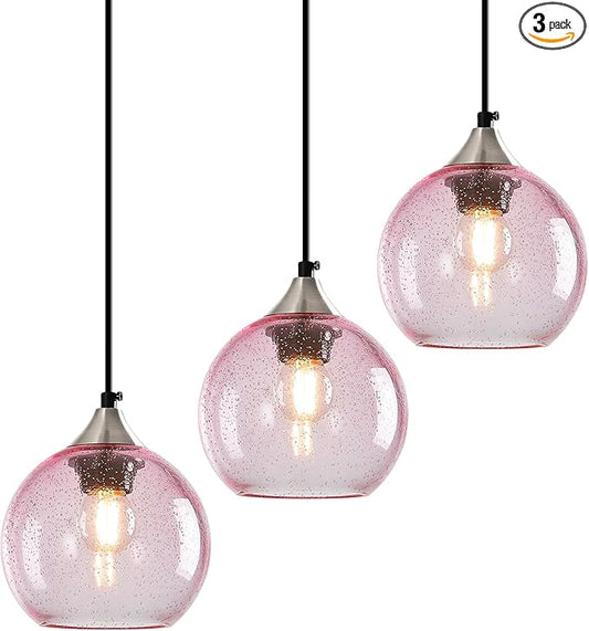 Pink Glass Pendant Lights Kitchen Island Globe Pendant Light Fixtures Modern Pendant Lighting for Bedroom Living Dining Room Light Fixture (5.9 in, 3 Pack)