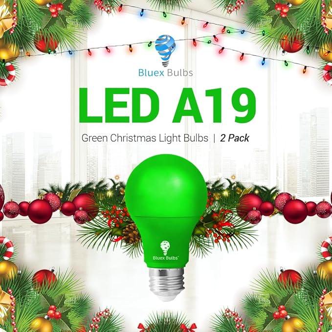Bluex Bulbs 2 Pack BlueX LED A19 Green Light Bulb - 9W (60Watt Equivalent) - E26 Base LED Lights, Party Decoration, Porch, Home Lighting, Holiday Lighting, Decorative Illumination Bulb