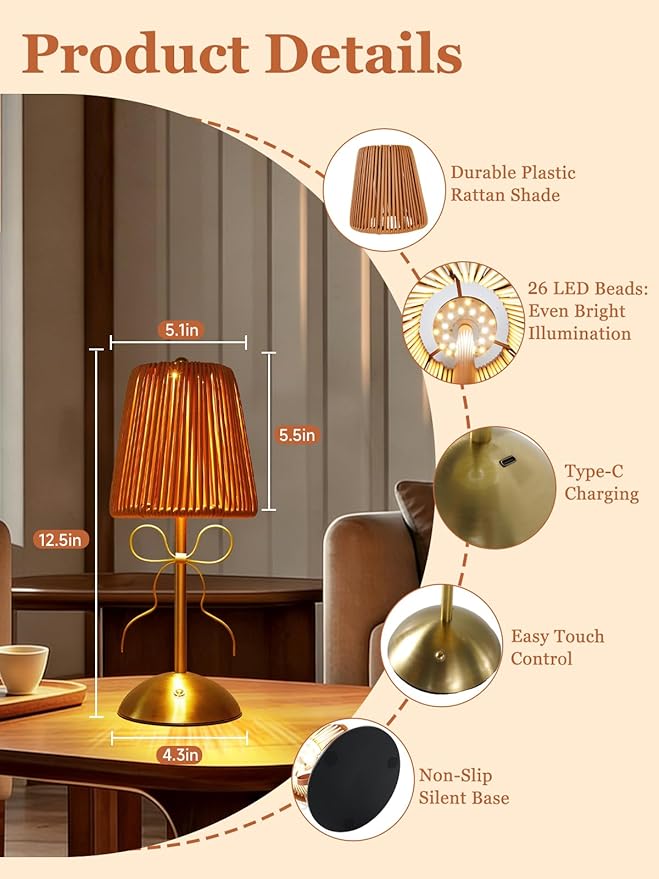 Boho Bow Rattan Table Lamp, Cordless Wicker Woven Vintage Table Lamp - LED Rechargeable Touch Control 3 Color Dimmable Reading Bedside Lamp for Bedroom Living Room Office, Home Outdoor Decor
