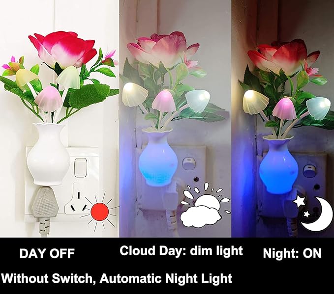 AUSAYE 4 Pack Sensor LED Night Light Plug-in Nightlight, Color Changing Mushroom Lamp Flower Night Lights for Kids Adults Bedroom, Bathroom, Nursery, Kitchen, Basement