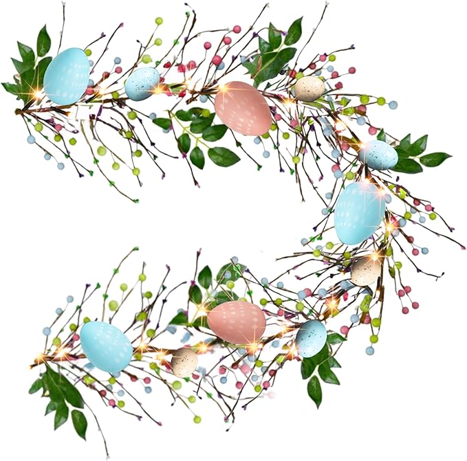 NEROSUN 6 FT Easter Egg Garland, 20 LED Battery Operated Lighted Garland with 8 Modes, Artificial Easter Garland for Indoor Outdoor Home Fireplace Party Door Decoration
